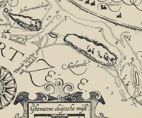 Section of the maritime map of Albert van Haeyen from 1585. M = ‘Holm of the church on the west end, N = ‘The mill on Ameland’, O = ‘De stins’ (castle of Ballum) P = ‘Ballum’ These landmarks used to serve as maritime beacons - Tourist Information Centre  